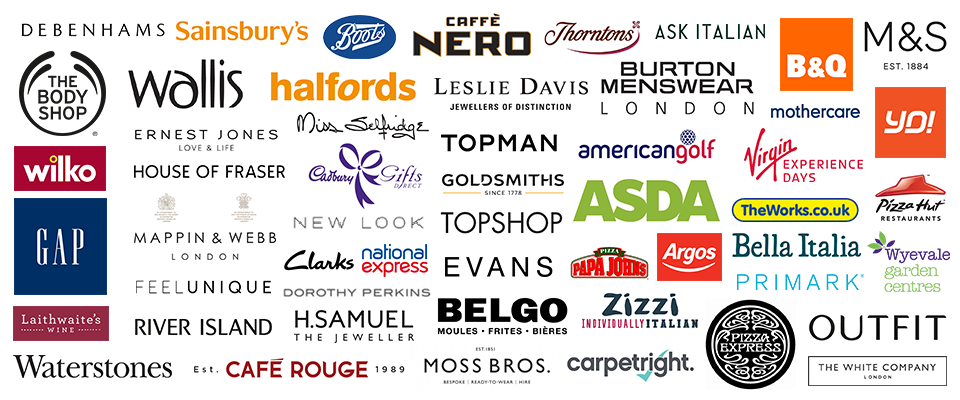 Image with logos of cashback (cash back), offers, deals or discounts at Asda, Sainsburys (Sainsbury’s), Mothercare, River Island, Argos, Boots, M&S (Marks and Spencer, Marks & Spencer), Wilko, B&Q (B and Q), GAP, New Look, YO Sushi, Top Man, Homebase, Nero (Café Nero), Outfit, The Works, TopShop (Top Shop), Debenhams, Evans (Evans Cycles), House of Fraser, Watersones, ToysRus (Toys R Us, Toys are us, Toysr’us), Thornton’s (Thorntons), Café Rouge (Cafe Rouge), Zizzi (Zizzis), Wallis, Moss Bros (Moss Brothers), Miss Selfridge, Belgo (Belgos), Halffords (Halford), Bella Italia, Evans, Pizza Express, Goldsmiths, Leslie Davis (Lesley Davis, H Samuel, Treat Me (treatme), Marriott Hotels, Burton, Hotel Voucher Shop, Ernest Jones, BabiesRus (Babies R Us, Babies are Us, Babiesr’us), Papa Johns, BHS, Mappin & Webb (Mappin Webb), Carpetright (Carpet Right), Sleepright (Sleep Right), Dorothy Perkins, TuneTribe (Tune Tribe), Virgin Experience Days
