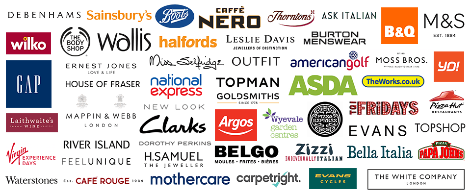 Image with logos of cashback (cash back), offers, deals or discounts at Asda, Sainsburys (Sainsbury’s), Mothercare, River Island, Argos, Boots, M&S (Marks and Spencer, Marks & Spencer), Wilko, B&Q (B and Q), GAP, New Look, YO Sushi, Top Man, Homebase, Nero (Café Nero), Outfit, The Works, TopShop (Top Shop), Debenhams, Evans (Evans Cycles), House of Fraser, Watersones, ToysRus (Toys R Us, Toys are us, Toysr’us), Thornton’s (Thorntons), Café Rouge (Cafe Rouge), Zizzi (Zizzis), Wallis, Moss Bros (Moss Brothers), Miss Selfridge, Belgo (Belgos), Halffords (Halford), Bella Italia, Evans, Pizza Express, Goldsmiths, Leslie Davis (Lesley Davis, H Samuel, Treat Me (treatme), Marriott Hotels, Burton, Hotel Voucher Shop, Ernest Jones, BabiesRus (Babies R Us, Babies are Us, Babiesr’us), Papa Johns, BHS, Mappin & Webb (Mappin Webb), Carpetright (Carpet Right), Sleepright (Sleep Right), Dorothy Perkins, TuneTribe (Tune Tribe), Virgin Experience Days