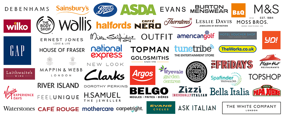 Image with logos of cashback (cash back), offers, deals or discounts at Asda, Sainsburys (Sainsbury’s), Mothercare, River Island, Argos, Boots, M&S (Marks and Spencer, Marks & Spencer), Wilko, B&Q (B and Q), GAP, New Look, YO Sushi, Top Man, Homebase, Nero (Café Nero), Outfit, The Works, TopShop (Top Shop), Debenhams, Evans (Evans Cycles), House of Fraser, Watersones, ToysRus (Toys R Us, Toys are us, Toysr’us), Thornton’s (Thorntons), Café Rouge (Cafe Rouge), Zizzi (Zizzis), Wallis, Moss Bros (Moss Brothers), Miss Selfridge, Belgo (Belgos), Halffords (Halford), Bella Italia, Evans, Pizza Express, Goldsmiths, Leslie Davis (Lesley Davis, H Samuel, Treat Me (treatme), Marriott Hotels, Burton, Hotel Voucher Shop, Ernest Jones, BabiesRus (Babies R Us, Babies are Us, Babiesr’us), Papa Johns, BHS, Mappin & Webb (Mappin Webb), Carpetright (Carpet Right), Sleepright (Sleep Right), Dorothy Perkins, TuneTribe (Tune Tribe), Virgin Experience Days