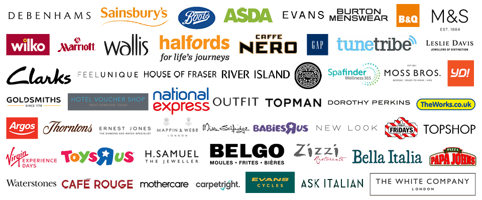 Image with logos of cashback (cash back), offers, deals or discounts at Asda, Sainsburys (Sainsbury’s), Mothercare, River Island, Argos, Boots, M&S (Marks and Spencer, Marks & Spencer), Wilko, B&Q (B and Q), GAP, New Look, YO Sushi, Top Man, Homebase, Nero (Café Nero), Outfit, The Works, TopShop (Top Shop), Debenhams, Evans (Evans Cycles), House of Fraser, Watersones, ToysRus (Toys R Us, Toys are us, Toysr’us), Thornton’s (Thorntons), Café Rouge (Cafe Rouge), Zizzi (Zizzis), Wallis, Moss Bros (Moss Brothers), Miss Selfridge, Belgo (Belgos), Halffords (Halford), Bella Italia, Evans, Pizza Express, Goldsmiths, Leslie Davis (Lesley Davis, H Samuel, Treat Me (treatme), Marriott Hotels, Burton, Hotel Voucher Shop, Ernest Jones, BabiesRus (Babies R Us, Babies are Us, Babiesr’us), Papa Johns, BHS, Mappin & Webb (Mappin Webb), Carpetright (Carpet Right), Sleepright (Sleep Right), Dorothy Perkins, TuneTribe (Tune Tribe), Virgin Experience Days